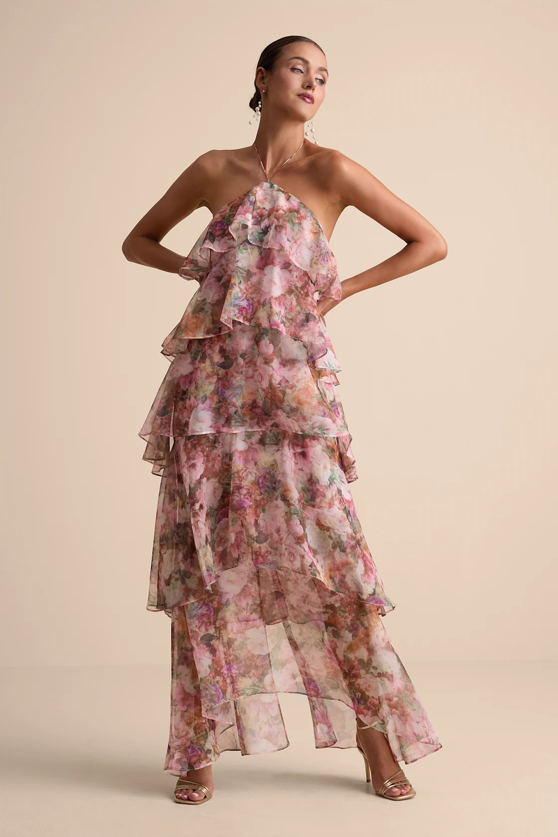 Melody Pink Floral Tiered Halter Maxi Dress | Lulus