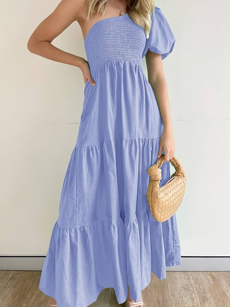 BTFBM Casual Women One Shoulder Short Puff Sleeve Summer Maxi Dress 2023 Boho Solid Color Smoked Tie | Amazon (US)