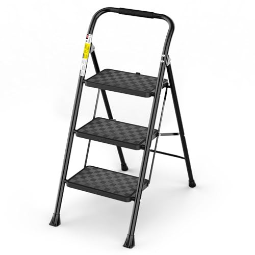 HBTower 3 Step Ladder, 3 Step Stool for Adults, 3 Step Ladder Folding Step Stool with Cushioned Handle Step Ladder with Wide Pedal Ergonomic Design,Black | Amazon (US)