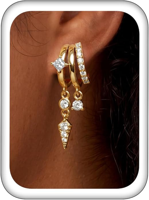 Triple Huggie Stacked Earrings for Women Gold Chain Drop Dangle Earrings Cute Statement CZ Earrin... | Amazon (US)