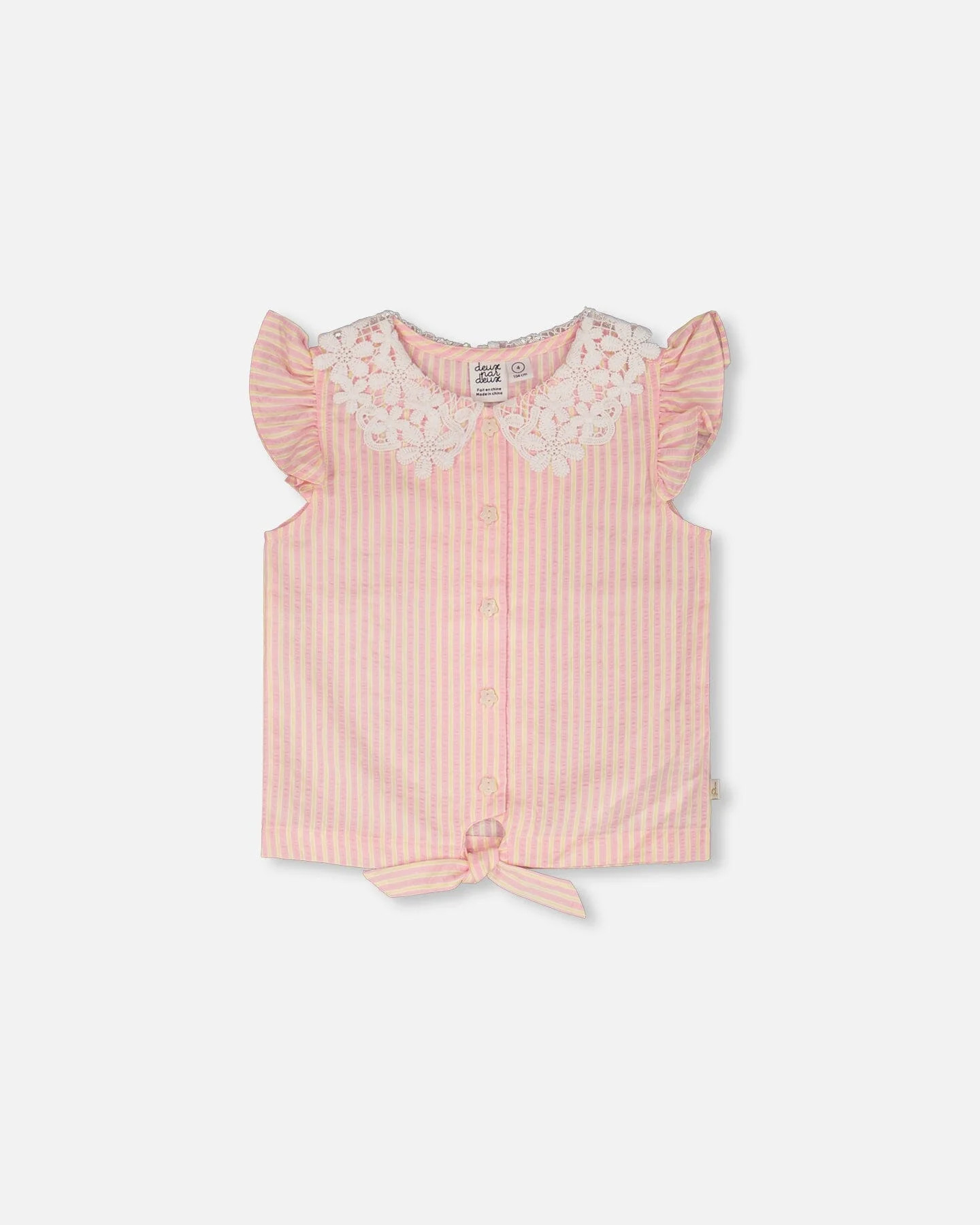 Sleeveless Shirt Pink And Yellow Stripes With Crochet Collar - Deux par Deux | Deux par Deux Childrens Designer Clothing
