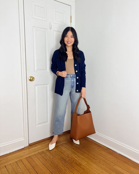 Navy cardigan (XS)
Beige tank (XS/S)
High waisted straight jeans (27P)
Brown bag
White pumps (1/2 size up)
Smart casual outfit
Weekend outfit
Mom outfit
LOFT outfit 
Outfit with jeans
Spring outfit

#LTKfindsunder50 #LTKworkwear #LTKstyletip