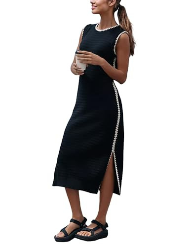 Watashi Women's Tank Knit Dress Sleeveless Round Neck Long Dress Side Split Scalloped Edge Summer... | Amazon (US)