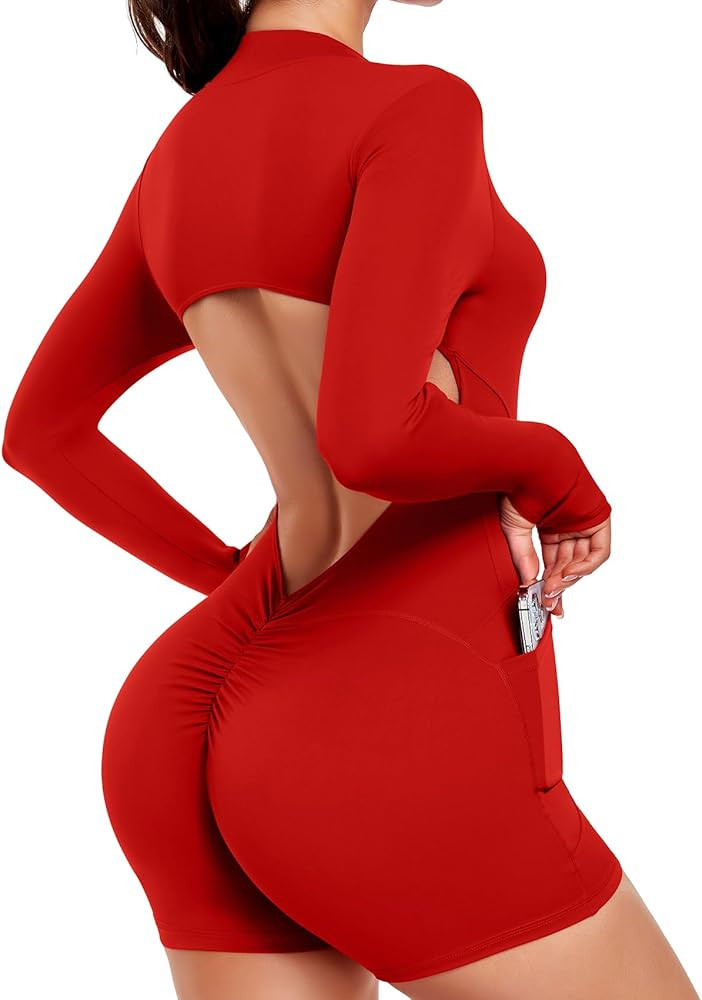 SEASUM Women's Long Sleeve Backless Jumpsuit Side Pocketed Scrunch Butt Sexy Workout Bodysuit Yog... | Amazon (US)