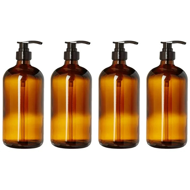 kitchentoolz 32 Ounce Large Amber Glass Boston Bottles w Black Pumps. Lotions, Soaps, and Deterge... | Walmart (US)