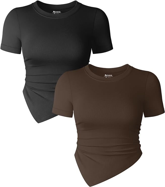 OQQ Women's 2 Piece Tops Short Sleeve Crew Neck Ruched Stretch Fitted Tee Shirts Tops | Amazon (US)
