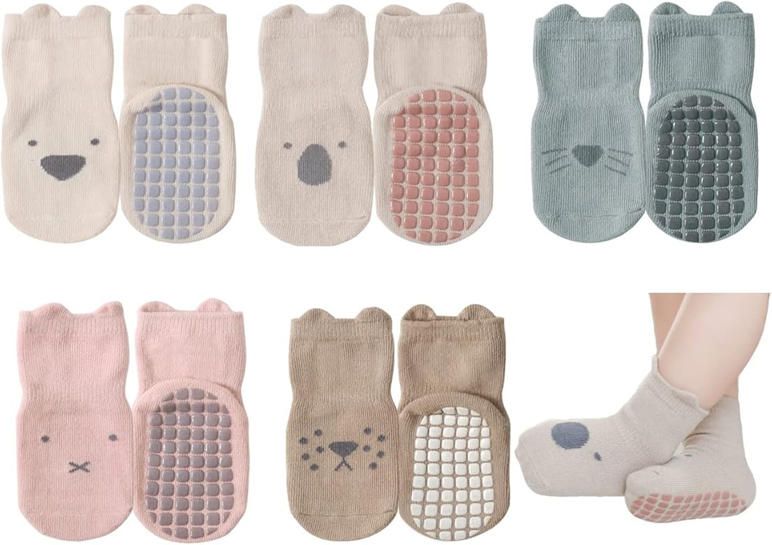 Exegawe Toddler Non Slip Socks, Cute Baby Socks with Grips Crew Socks 5 Pairs | Amazon (US)