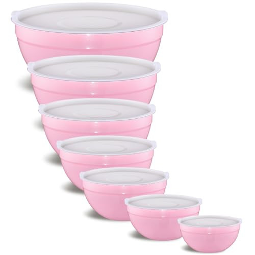 Onlycooker Pink Mixing Bowls With Airtight Lids,Stainless Steel Bowl,Salad Bowls 7 Piece Colorful Nesting Bowl Pink Kitchen Accessories,Size 7,3.6,2.7,2.1,1.5,1.1,0.8QT Stackable Design | Amazon (US)