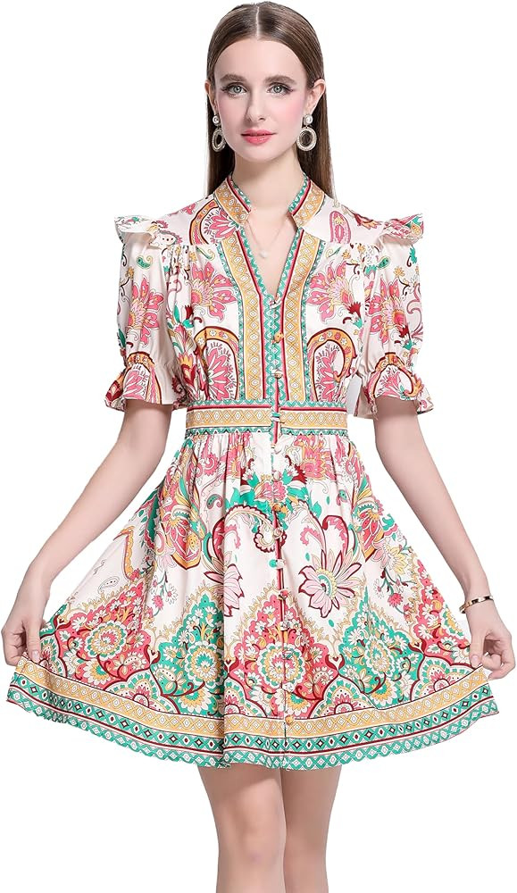 LAI MENG FIVE CATS Women's Button Up Short Puff Sleeve V-Neck Floral Print Split Casual Mini Dres... | Amazon (US)