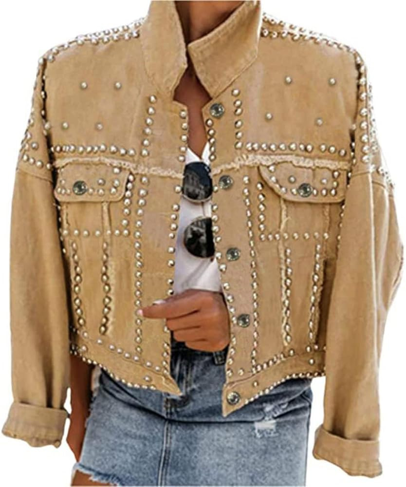 Women's Long Sleeve Rivet Studded Denim Jacket Casual Washed Short Jean Coat Western Outfits | Amazon (US)