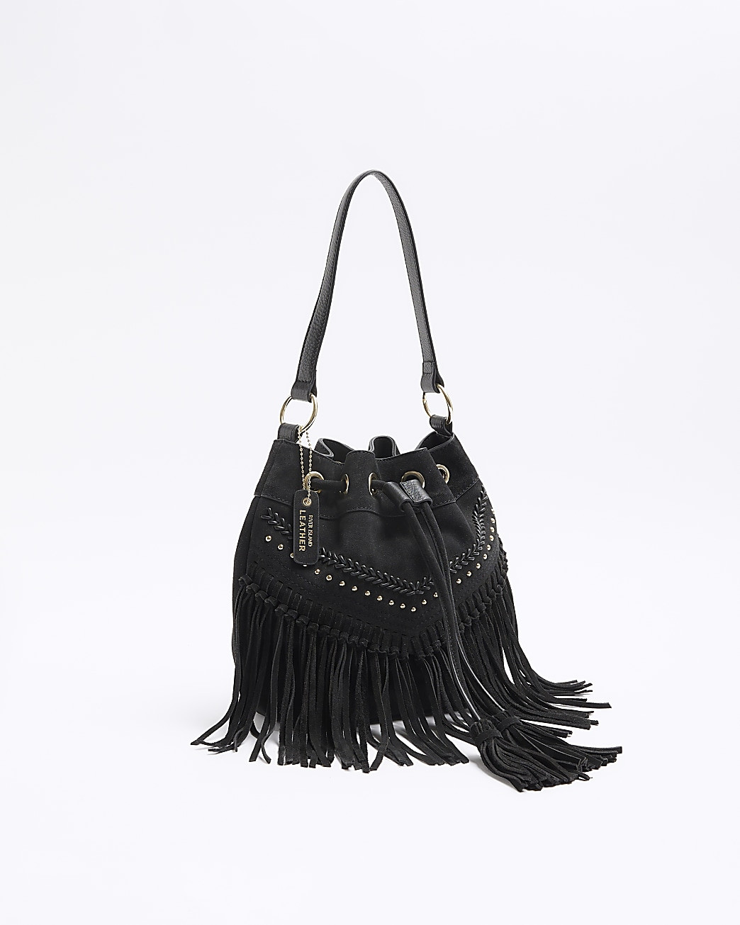 Black suede fringe hem shoulder bag | River Island (UK & IE)