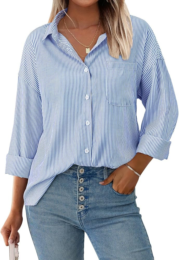 PRETTYGARDEN Womens Button Down Shirts Striped Loose Long Sleeve Collared Office Work Blouses Top... | Amazon (US)