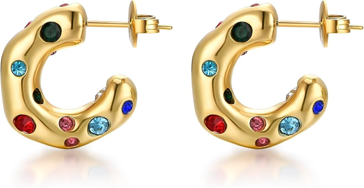 Gold Earrings for Women Girls,14K Gold Plated Hoop Earrings with 925 Sterling Silver Post Cubic Z... | Amazon (US)
