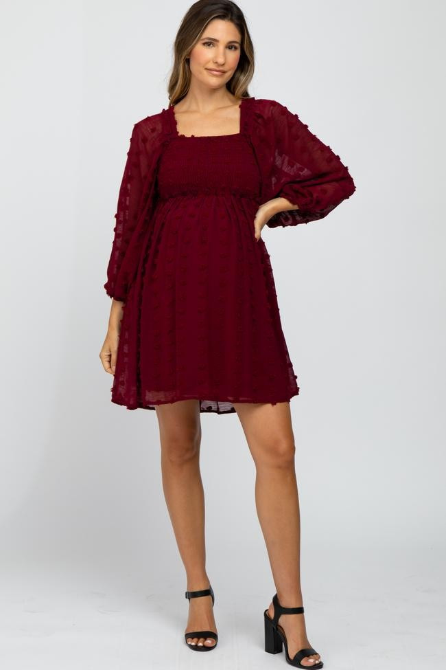 Burgundy Textured Dot Smocked Square Neck Chiffon Maternity Dress | PinkBlush Maternity