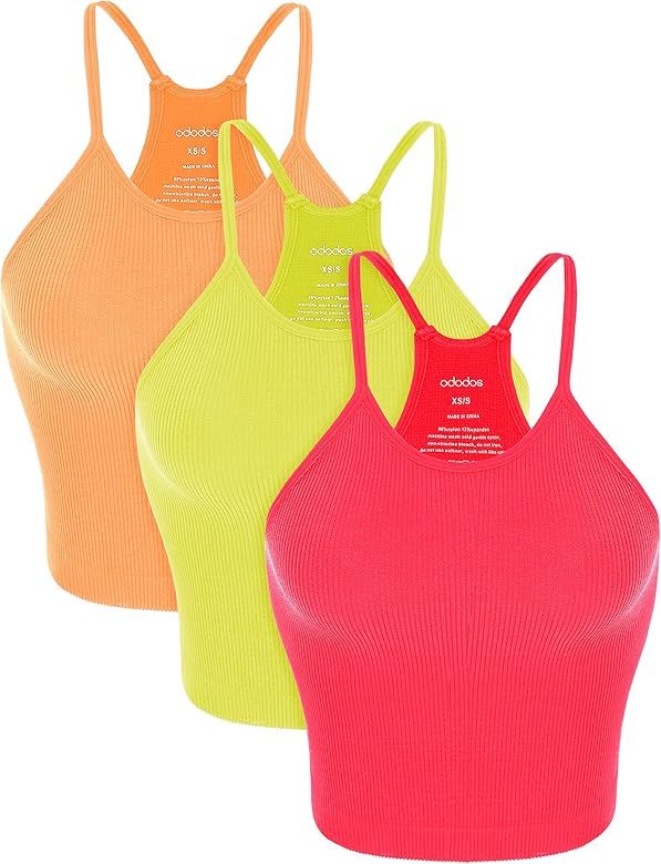 ODODOS Women's Crop 3-Pack Washed Seamless Rib-Knit Camisole Crop Tank Tops | Amazon (US)