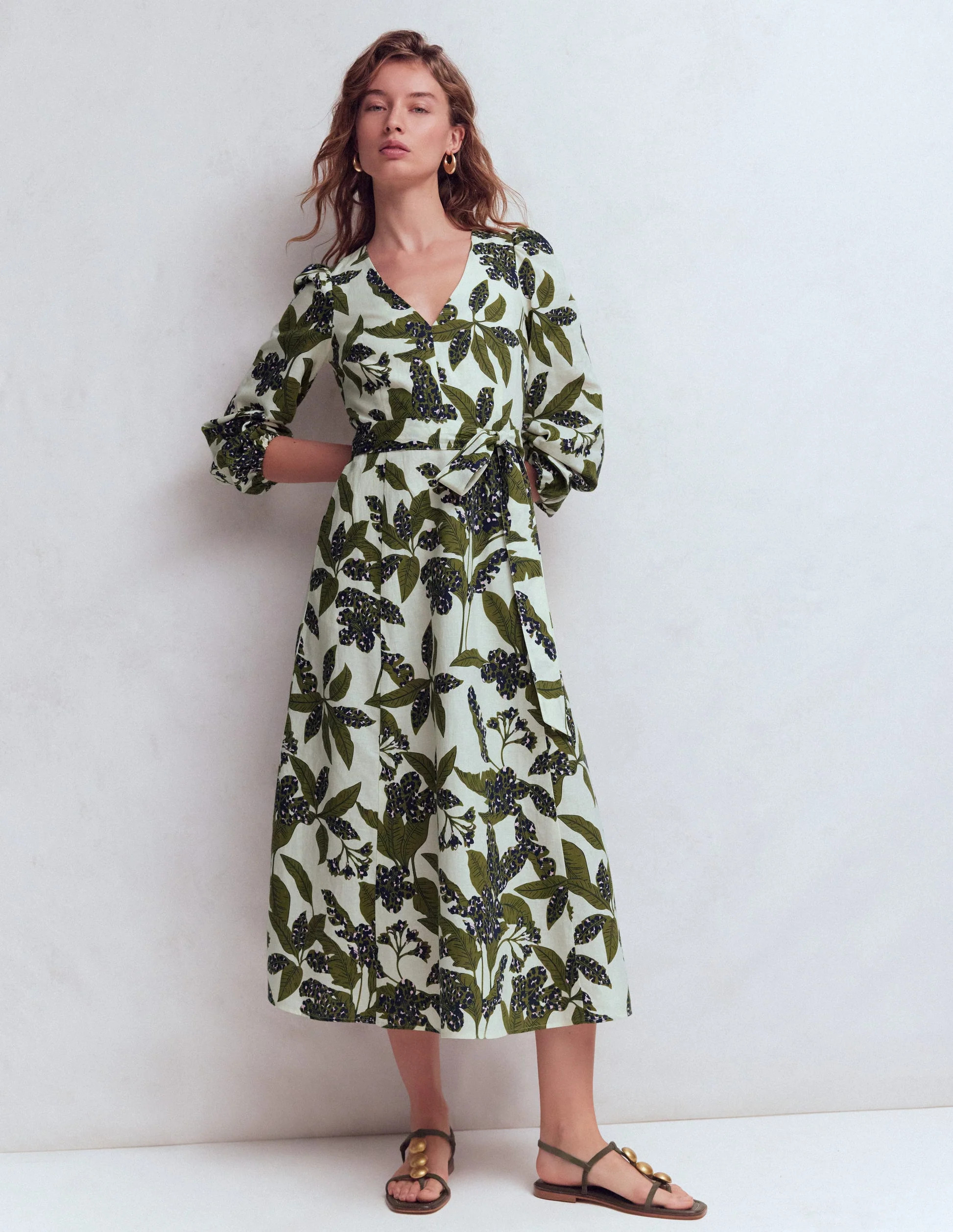 Florence Linen Blend Dress-Olive Leopard Flora | Boden (US)