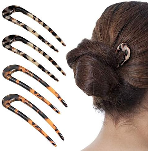 [4 Pack] Benefree French Style Cellulose Acetate Tortoise Shell U Shaped Hair Pin Fork 2 Prong Up... | Amazon (US)