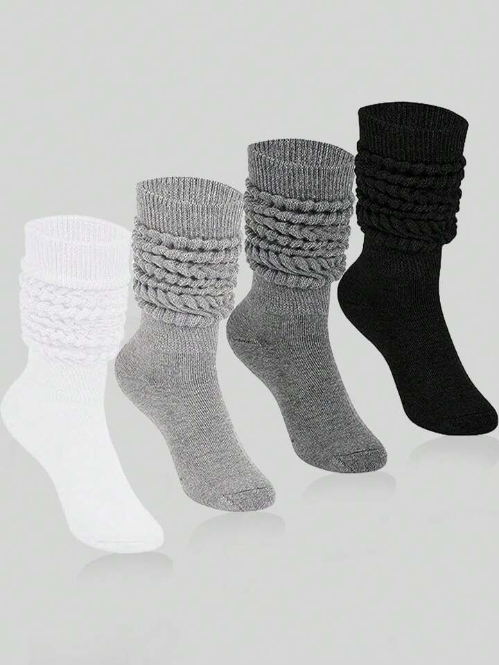 4pairs Slouch Socks Women's Leg Warmer Knee Socks Soft Knitted Boot Socks Solid Color Compression... | SHEIN