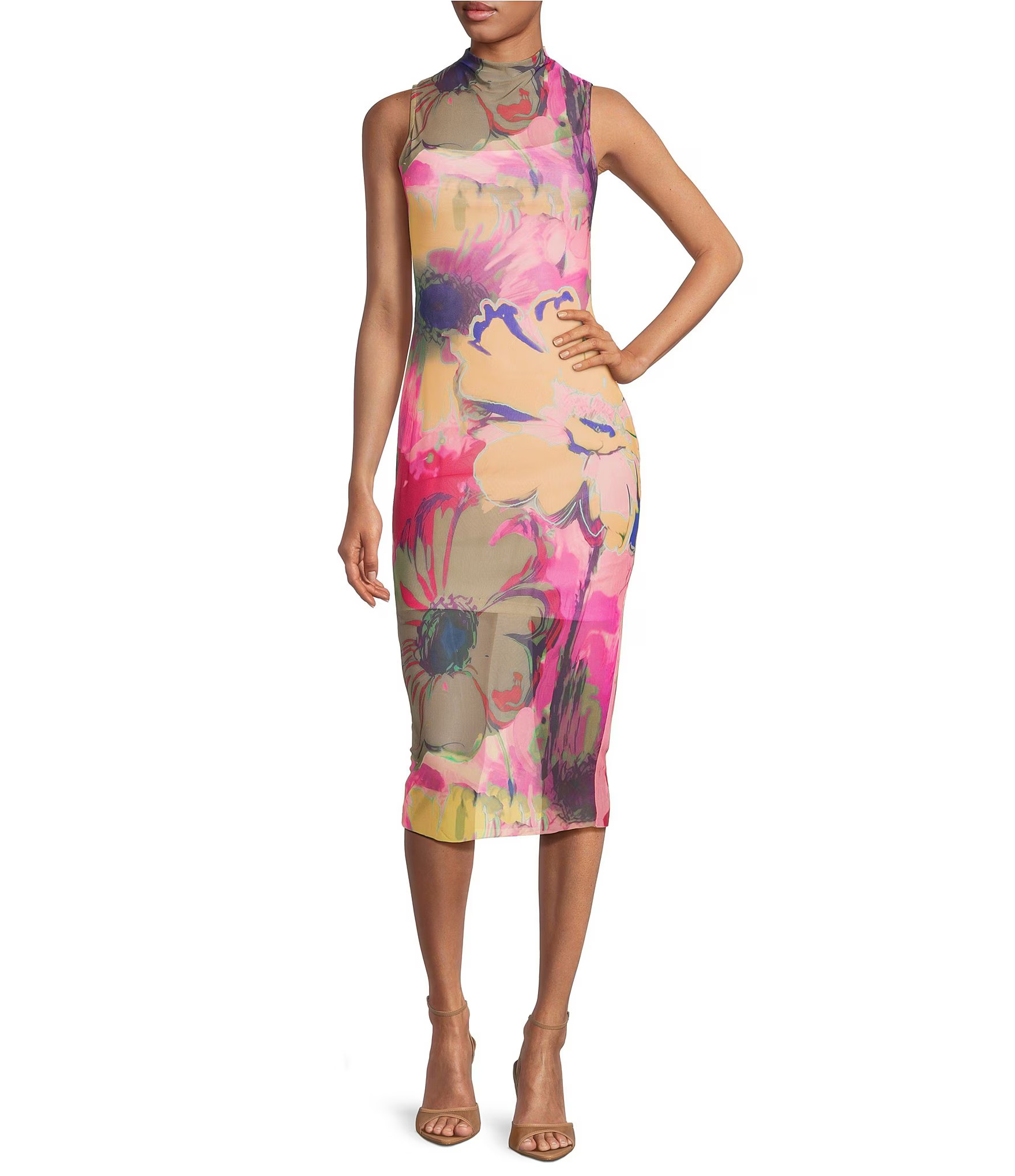 Sidra Graffiti Floral Mesh Mock Neck Bodycon Midi Dress | Dillard's