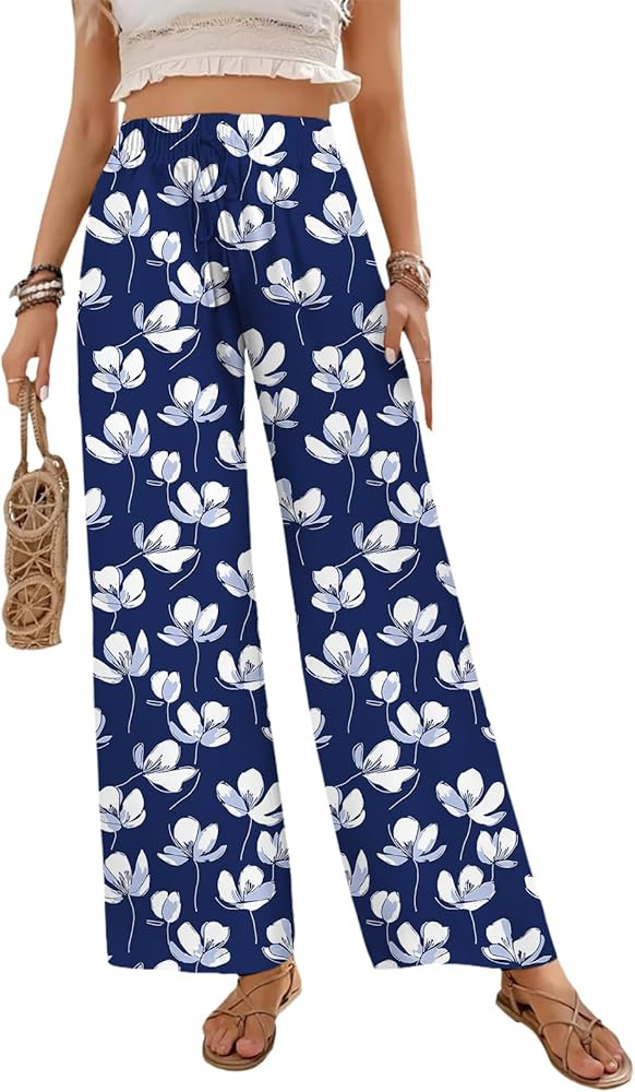 Women's High Waist Floral Pant Wide Leg Elastic Adjustable Palazzo Pants Trendy Boho Trousers Cas... | Amazon (US)
