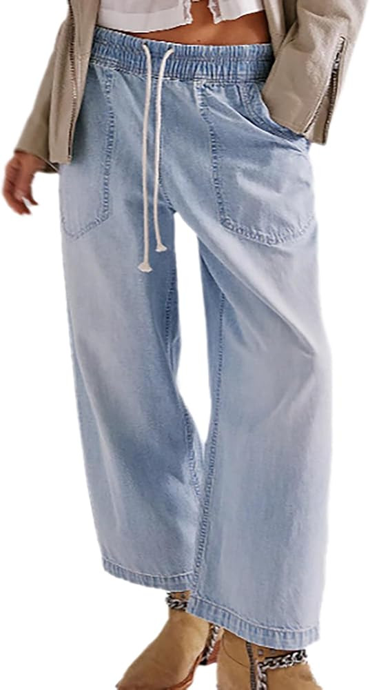 Women's Drawstring Baggy Jeans Casual Elastic Waisted Boyfriend Wide Leg Cropped Denim Pants | Amazon (US)