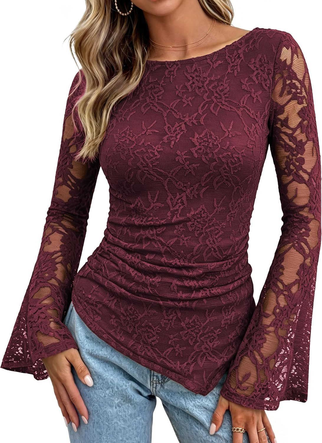 GRACE KARIN Women Lace Top Sheer Bell Long Sleeve Boho Tops Western Shirt Fitted Peplum Blouses Asymmetrical Ruched Dressy | Amazon (US)