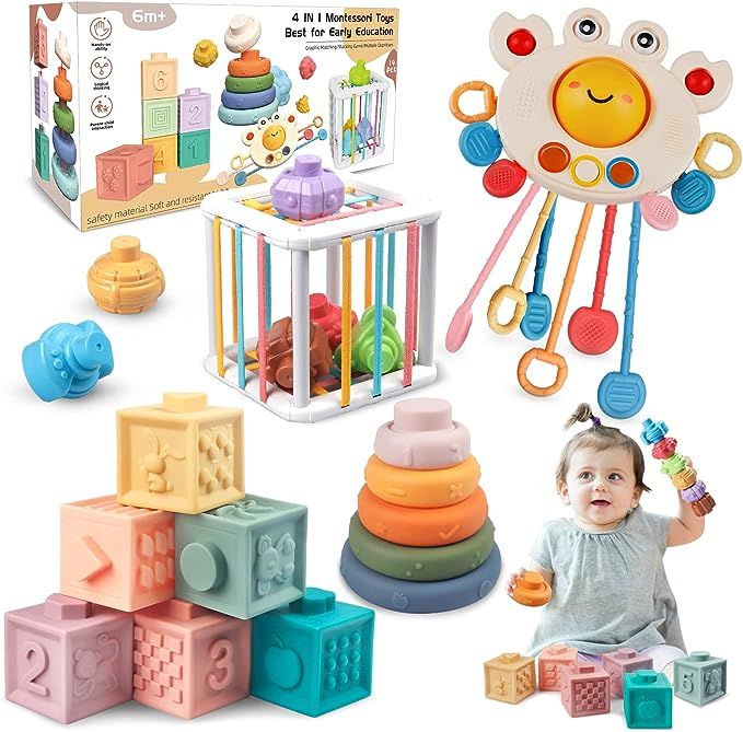 Plunack 4 in 1 Baby Toys 6 to 12-18 Months,Montessori Toys for Babies,Pull String Baby Teether, S... | Amazon (US)