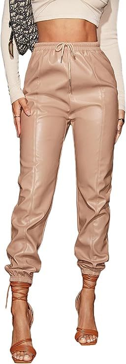 Floerns Women's Drawstring High Waisted Cropped Tapered Pu Leather Pants | Amazon (US)