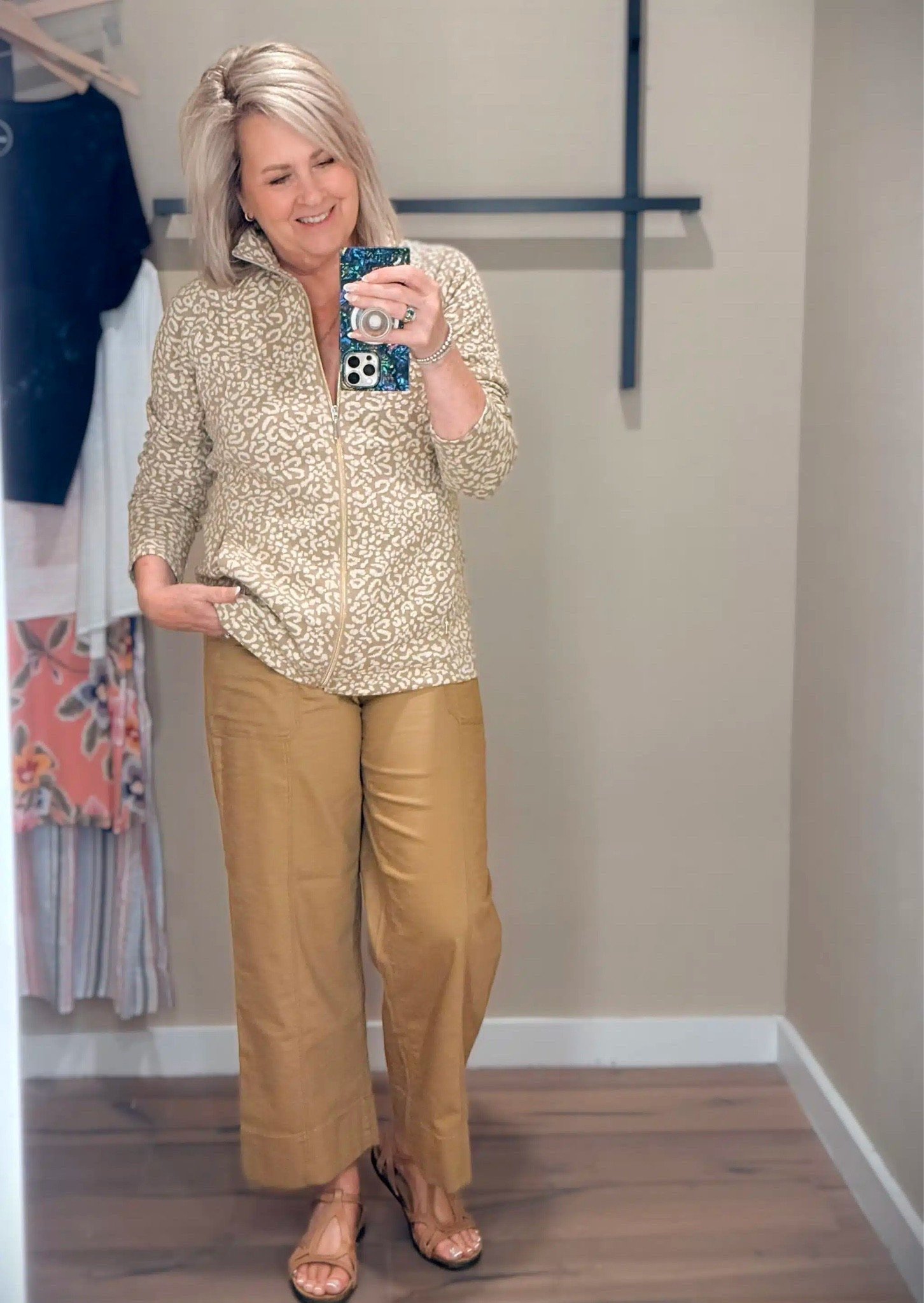 This outfit is fun with the wide leg pants and printed jacket, but still neutral in color. My zip jacket is a size medium and pants are a size 8. ￼

#LTKOver40 #LTKootd #LTKWorkwear
