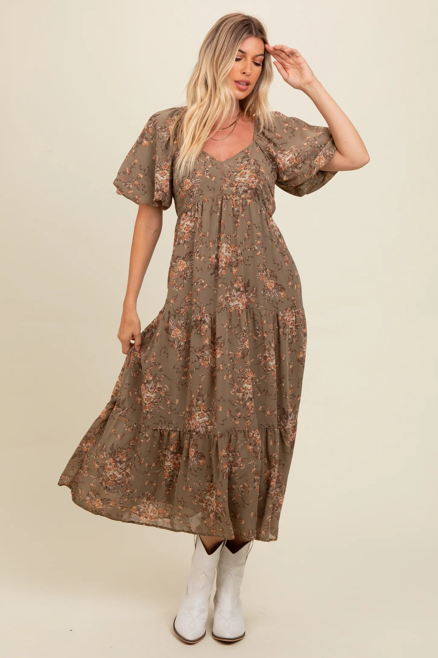 Olive Floral Tiered Puff Sleeve Maxi Dress | PinkBlush Maternity