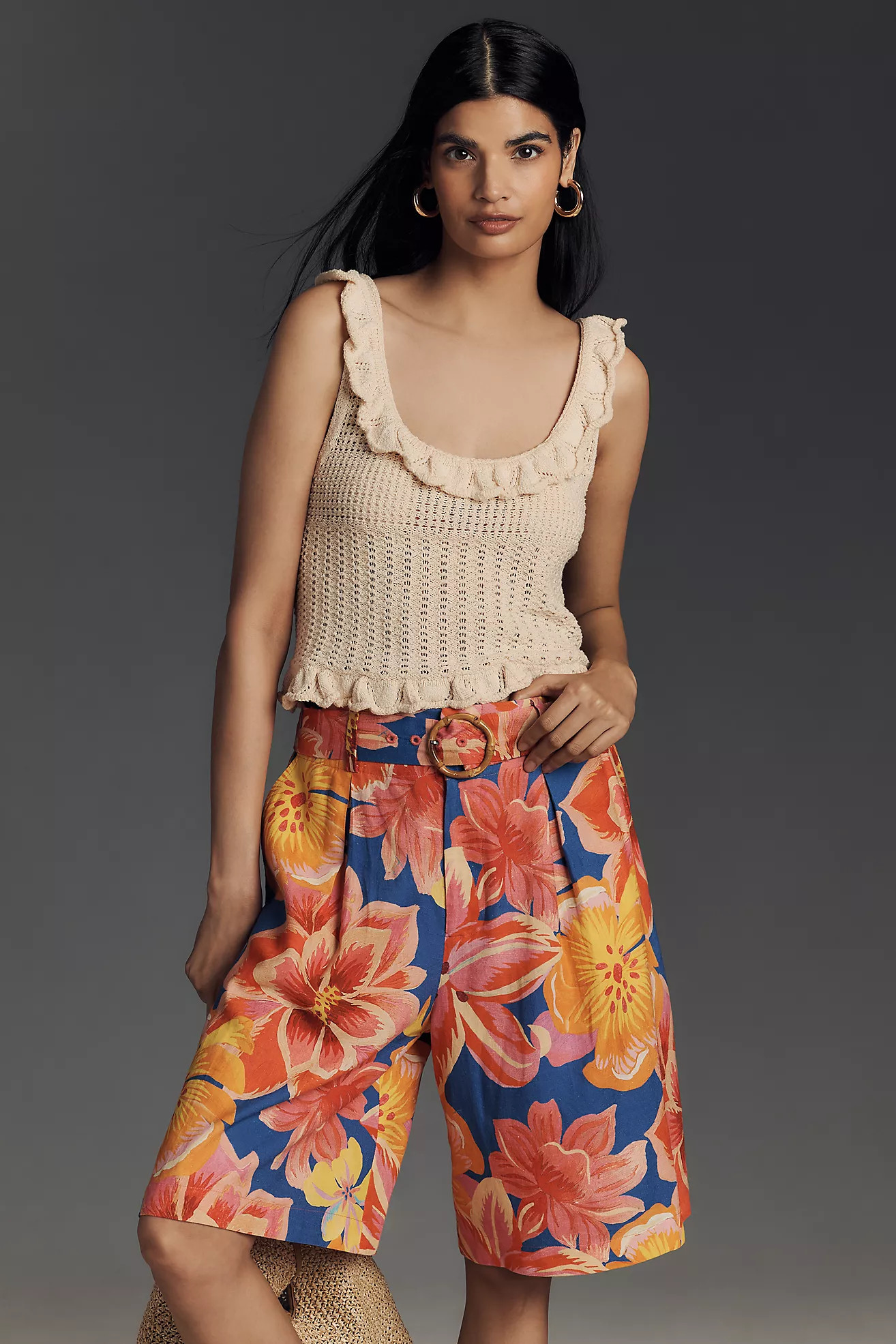 Farm Rio x Anthropologie Linen Blend Belted Floral Bermuda Shorts | Anthropologie (US)