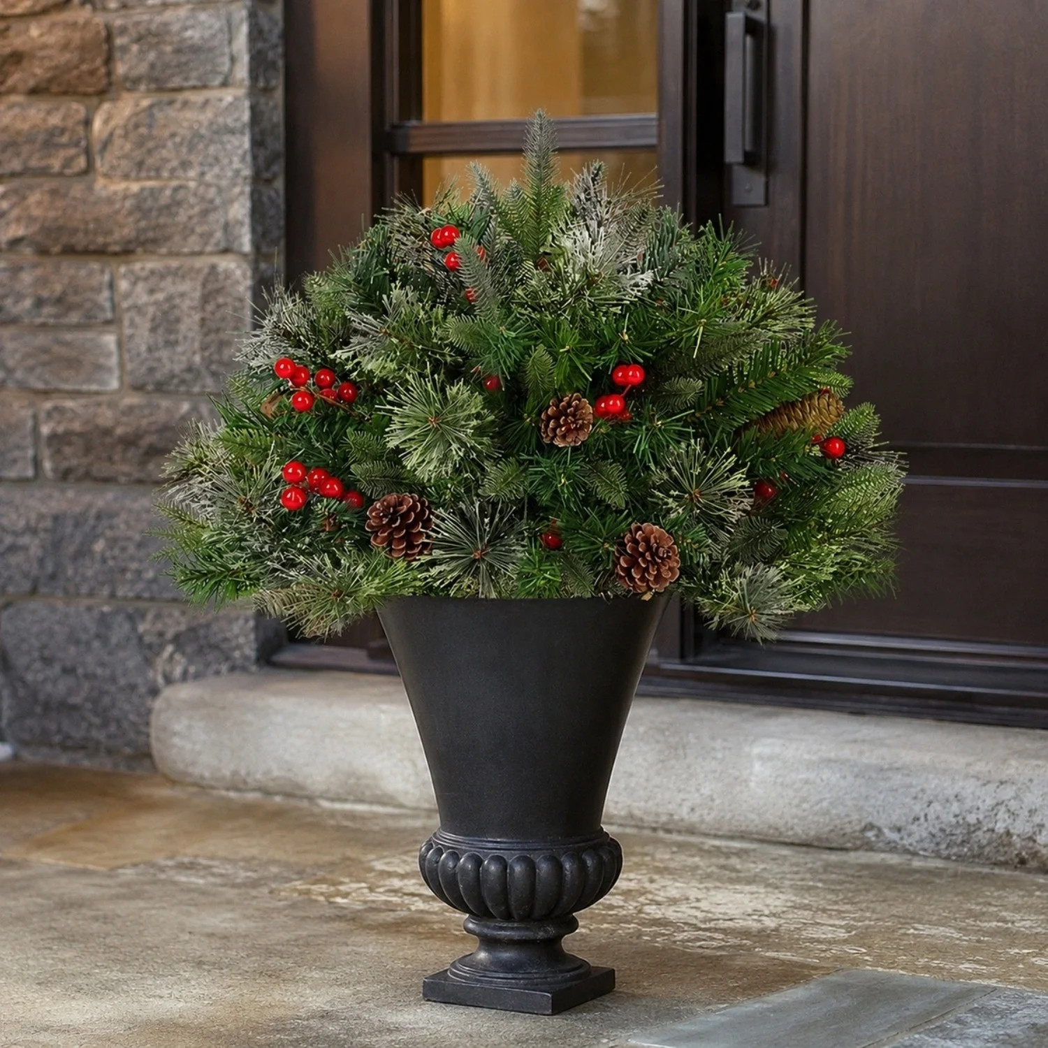 Outdoor Christmas Tree Urn Filler, Pre-lit Artificial Flocked Xmas Tree with Cones & Red Berries, Small Christmas Tree with Warm Lights