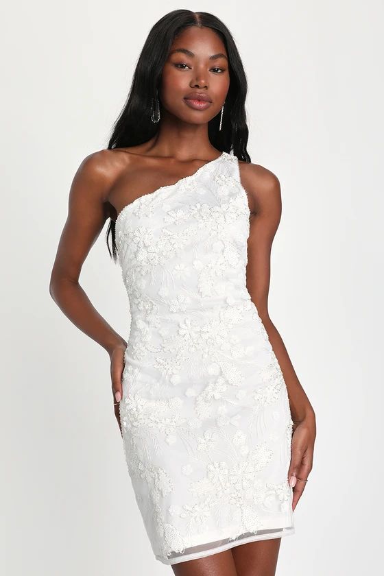 Sparkling Darling White Sequin Beaded One-Shoulder Mini Dress | Lulus (US)