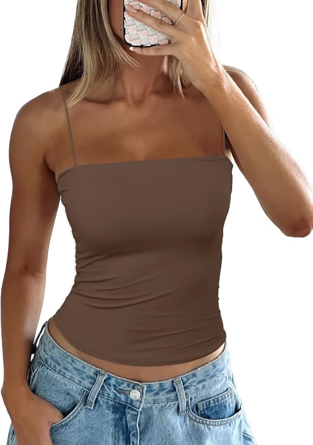 Darong Women's Padded Tank Tops with Built-in Bra Spaghetti Straps Crop Tank Top Summer Y2K Going... | Amazon (US)