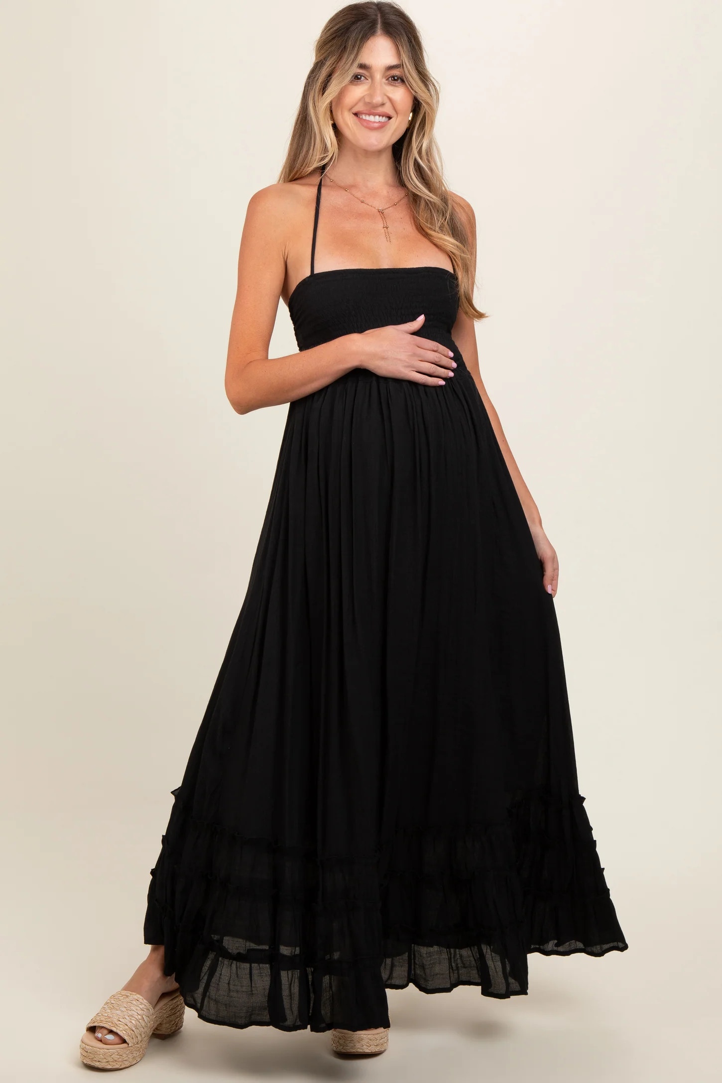 Black Smocked Halter Cutout Maternity Maxi Dress | PinkBlush Maternity