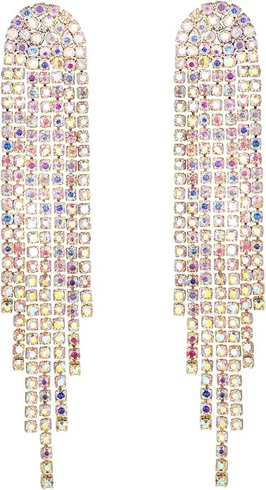 Mlouye 3.3"L Rhinestone Earrings Dangling Long Fringe Crystals Chandelier Dangle Drop Earrings fo... | Amazon (US)