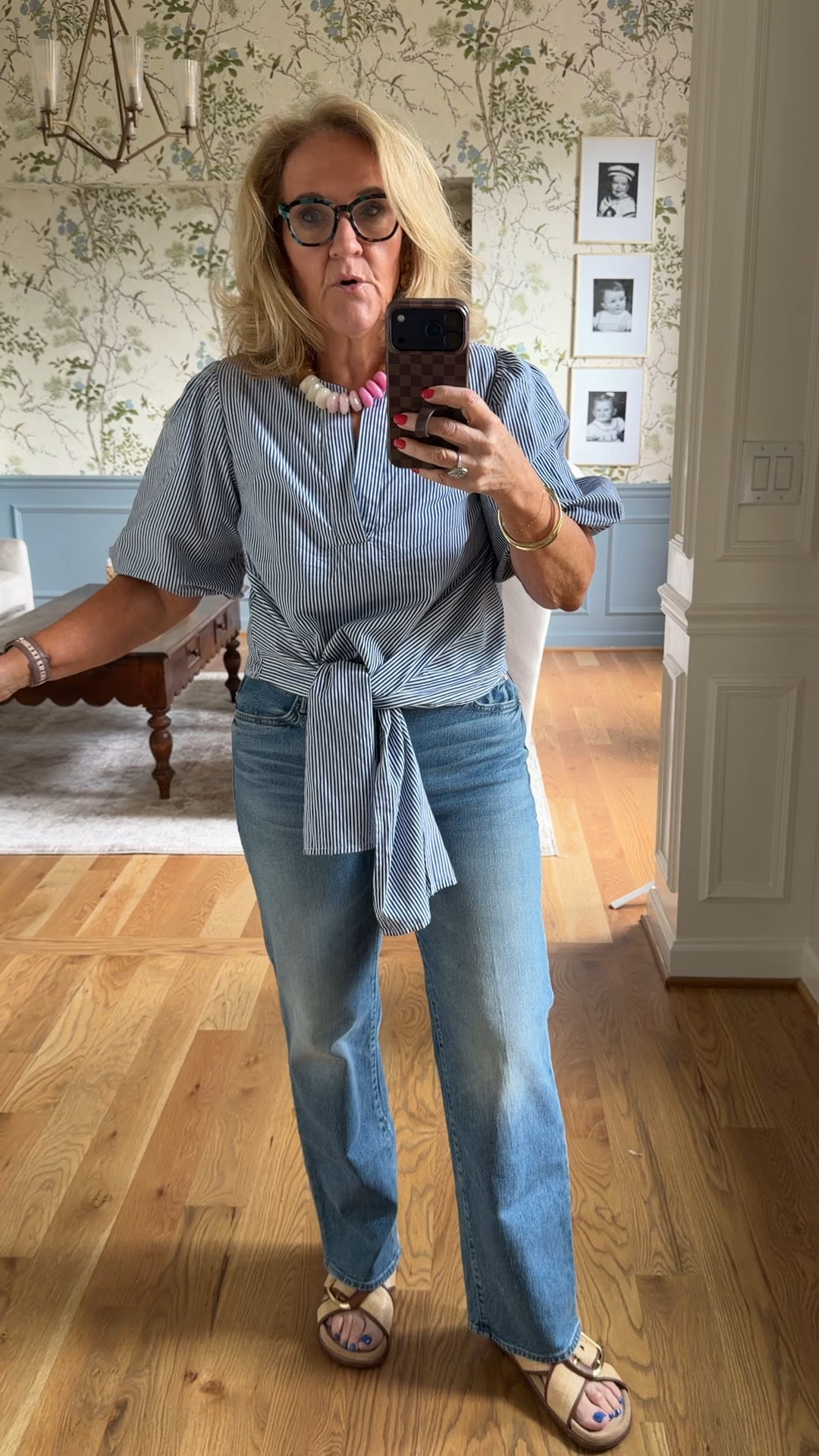 New top from anthro size medium 
Jeans are the viral mother kick it more rigid denim than mother usually is. I did size up to a 30

Linking several new arrivals that I’ll be sharing soon