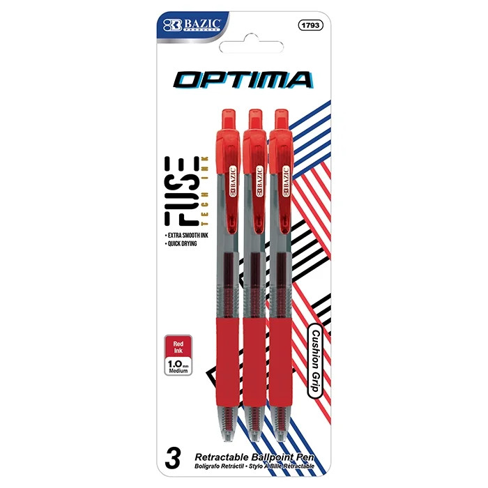 BAZIC Optima Red Fuse Tech Ink Retractable Pen, 0.7 mm, (3/Pack), 1-Pack | Walmart (US)