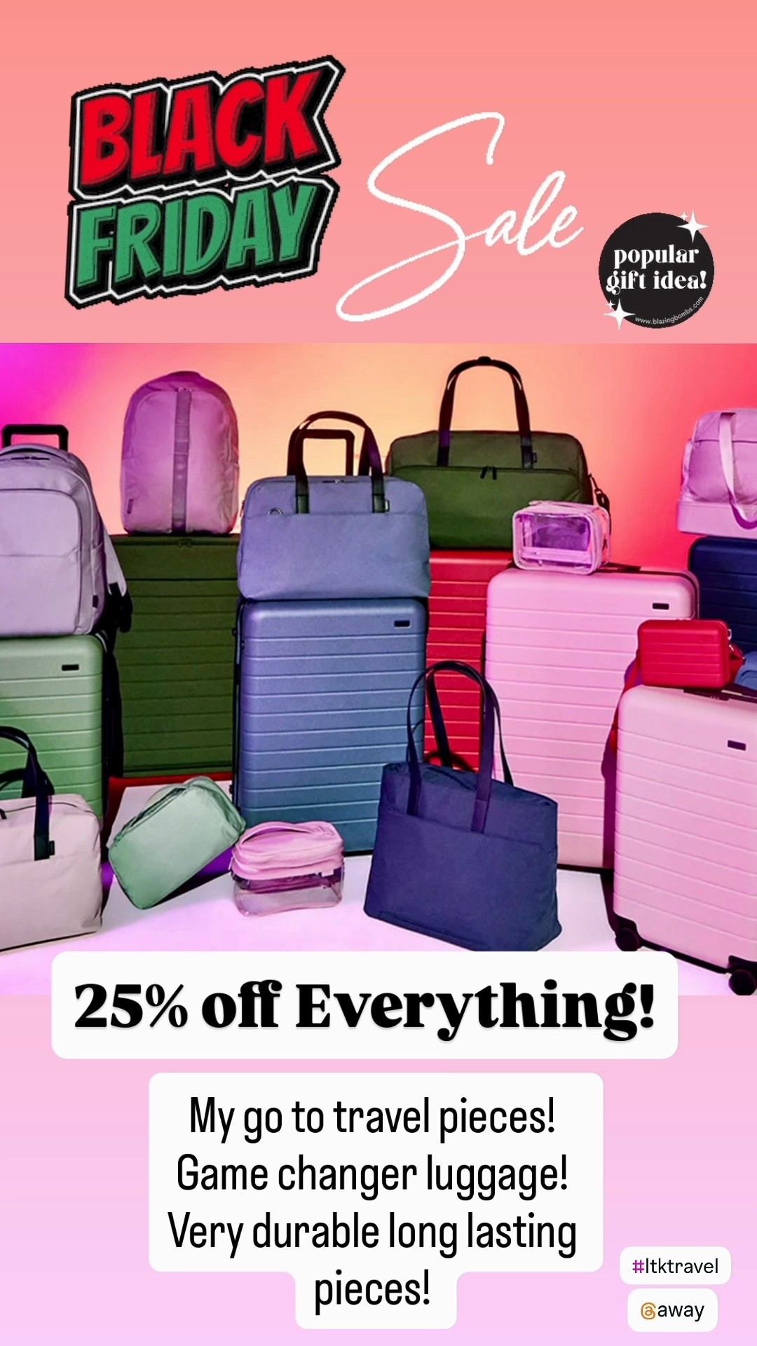 Game Changer Luggage 

25% off ALL travel pieces! 

Don’t miss out on this sale!!! 

This is by far my favorite luggage! We have many pieces from this company that have lasted for many years. Our family travels extensively each year domestically and abroad and this is the brand we travel with! Can’t speak more highly of this luggage - very high quality durable luggage! Excellent customer service too and a life time warranty!!! 

We use the bigger carry-on size luggage and can pack for a good 10 days in it! Yes I am an over packer! We never check in luggage and have plenty of room in these suitcases!  Highly recommend this luggage! So worth it! #LTKItBag 

gift idea, traveler gift, gift for the traveler, wedding gift, Christmas gift, holiday gift, Away, luggage, carry-on luggage, travel essentials, suitcase, TSA approved luggage, vacation, spring break, airline luggage, travel luggage, suitcase, TSA suitcase, carry-on suitcase, colorful luggage, gift idea, traveler gift idea, birthday gift idea, men’s gift idea, Mother’s Day gift idea, graduation gift, gift for him, gift for Dad, Father’s Day, summer vacation, summer travel, for the traveler, gift for teens, gift for the college student, everywhere bag, holiday gift idea, holiday collection, limited collection, Away travel, 

#LTKU #LTKGiftGuide #LTKKids #LTKTravel
