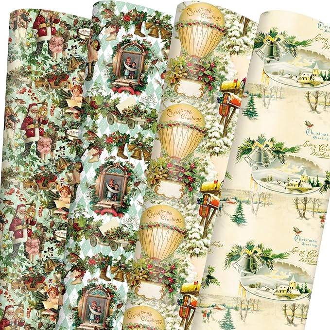 Vnaaem Vintage Christmas Wrapping Paper Retro Santa Claus Balloon Bell Gift Wrap Paper Bulk Xmas ... | Amazon (US)