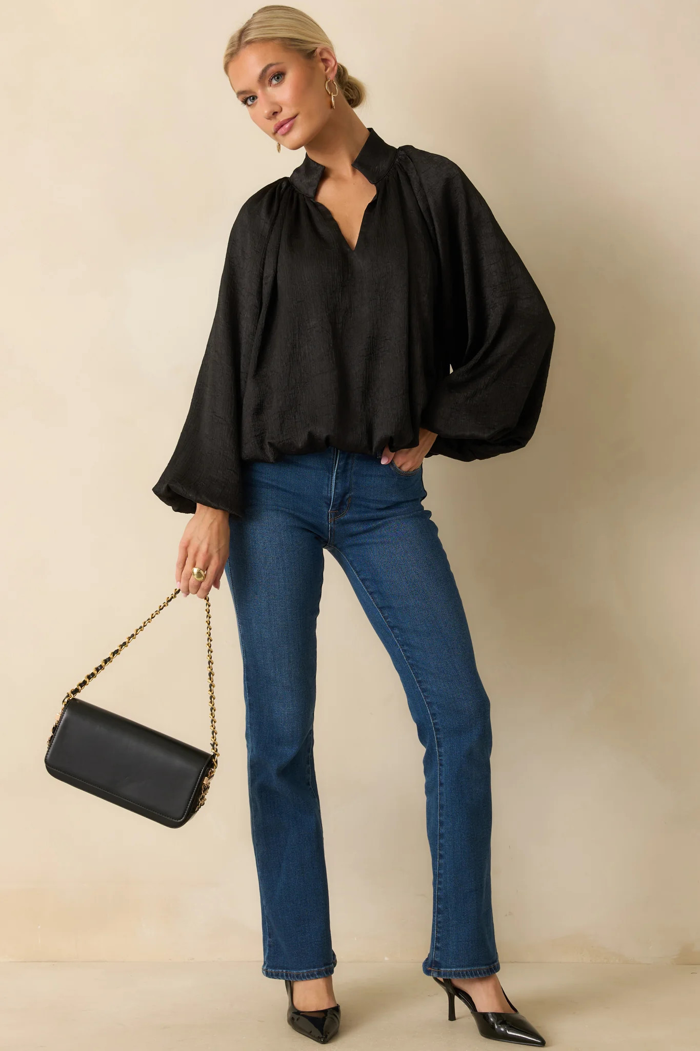 Promise Me This Black Satin V-Neck Peasant Sleeve Top | Red Dress