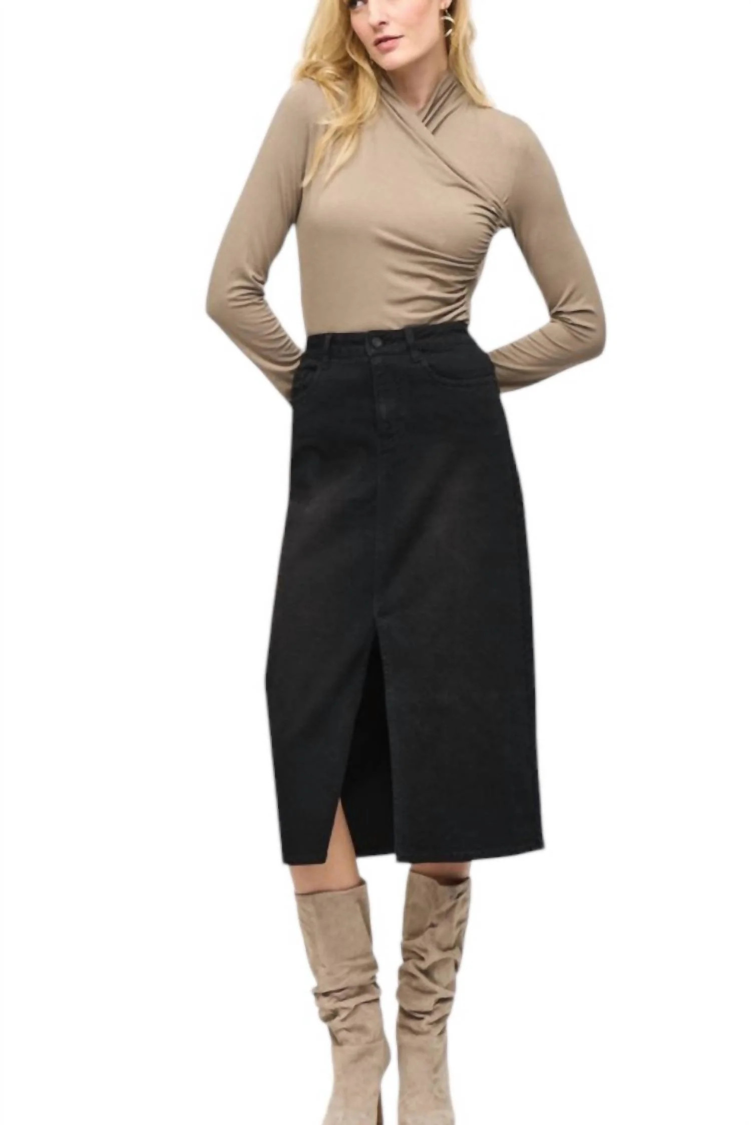Denim Front Slit Midi Skirt In Black | Shop Simon