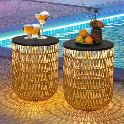 HMVPL Solar Outdoor Side Table Set of 2 with Dimmable Light, Round Patio Side Table for Outside, Outdoor End Accent Tables, Plastic Rattan Patio End Table for Poolside Backyard Gazebo, Dusk to Dawn | Amazon (US)