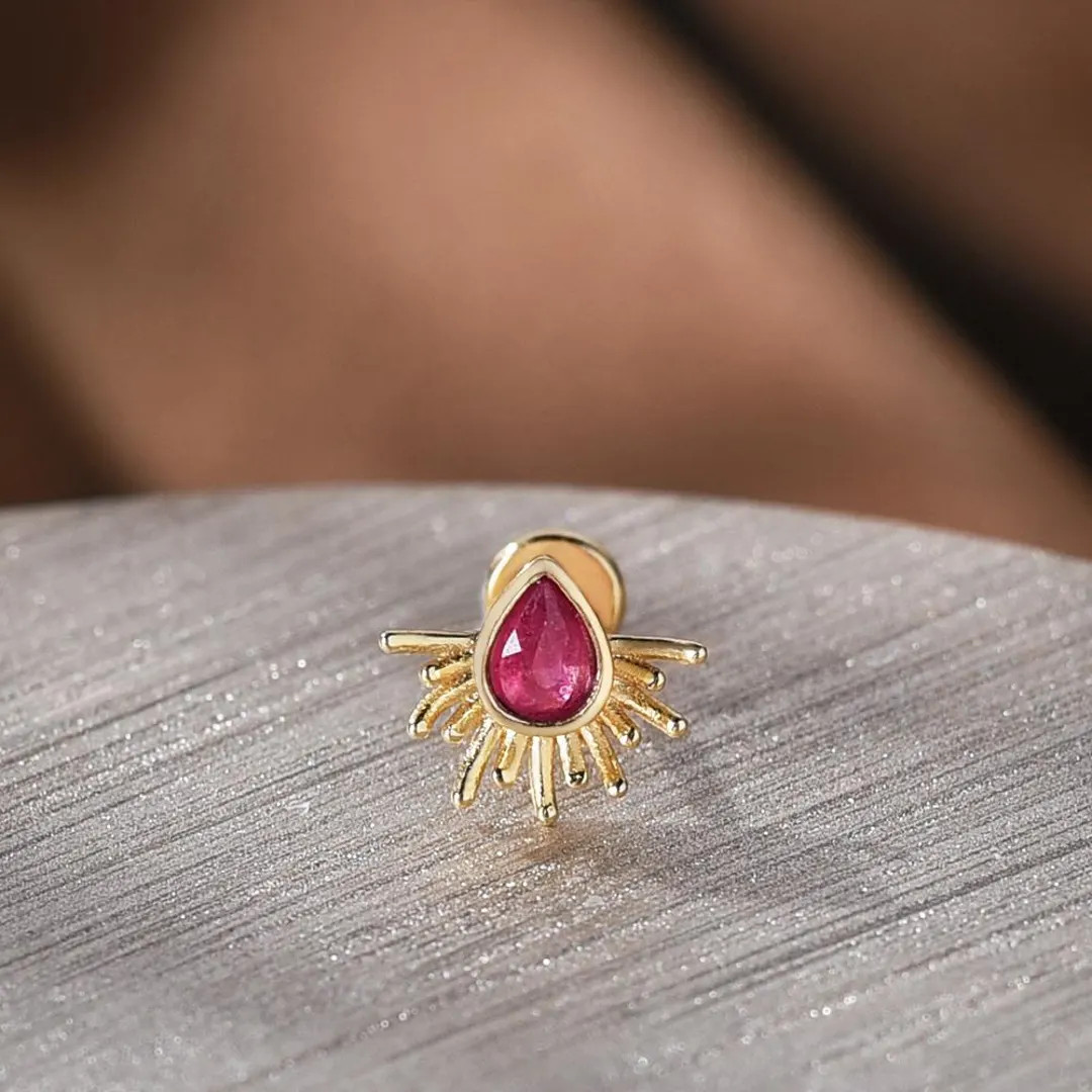 14K Gold Tsavorite Ruby Drop Internal Threaded Labret, Flat Back Earring - Etsy | Etsy (US)