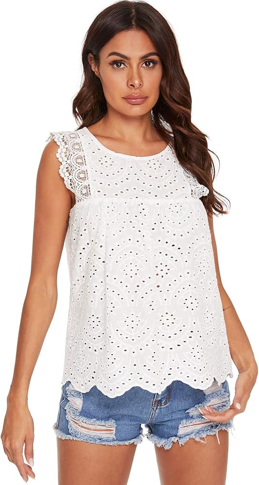 DIDK Women's Sheer Embroidery Ruffle Trim Scallop Hem Eyelet Tank Top Blouse | Amazon (US)