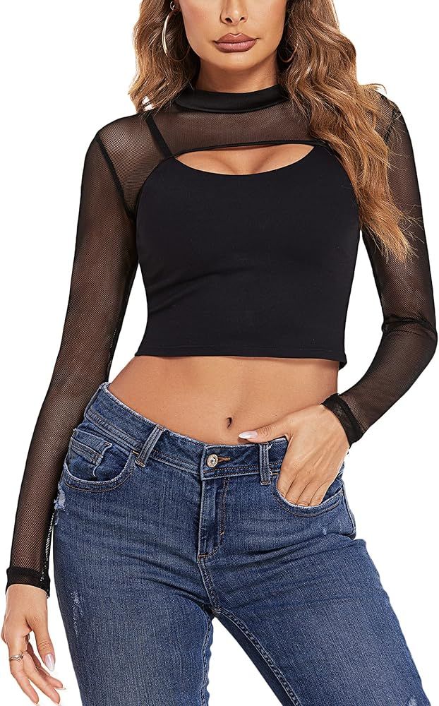 Avidlove Mesh Crop Tops for Women Mock Neck Long Sleeve Crop Top See Through Shirt Top Sexy Clubw... | Amazon (US)