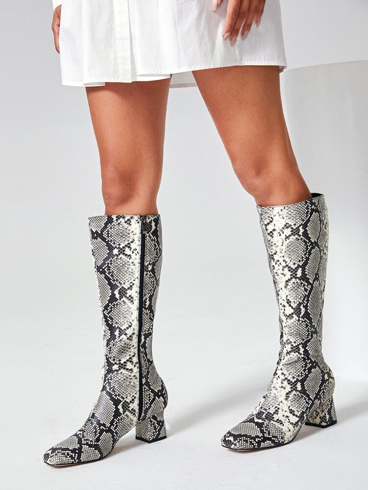 Square Toe Snakeskin Knee Boots | SHEIN