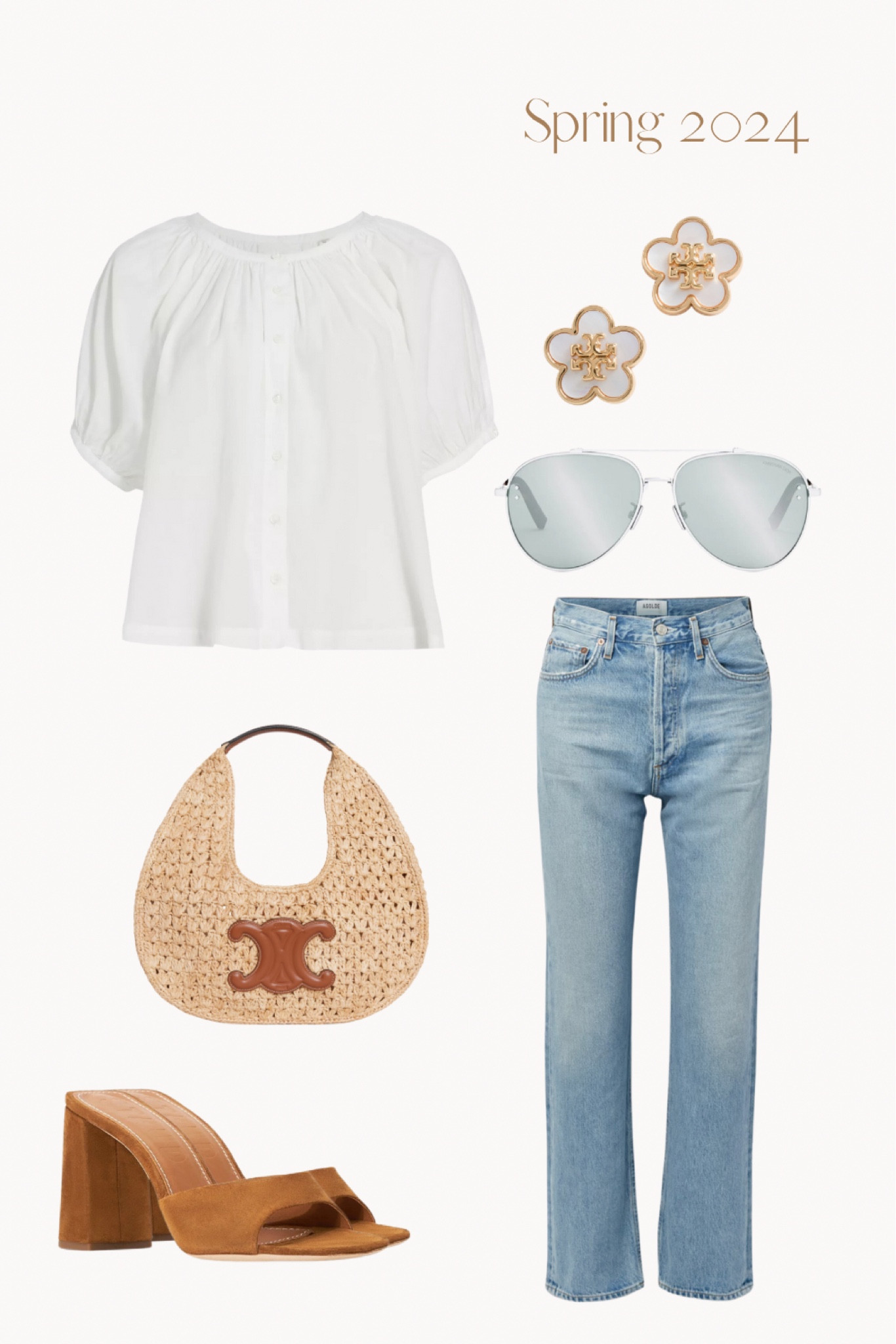 Spring Style. White Doen top, blue denim, denim, jeans, spring outfit, brown suede mules, Celine raffia bag, raffia bag, sunglasses, aviator sunglasses, floral earrings, Vacation Outfit, Spring Outfit, Resort Wear, Date Night Outfit, white blouse, summer outfitt

#LTKSeasonal #LTKstyletip #LTKitbag