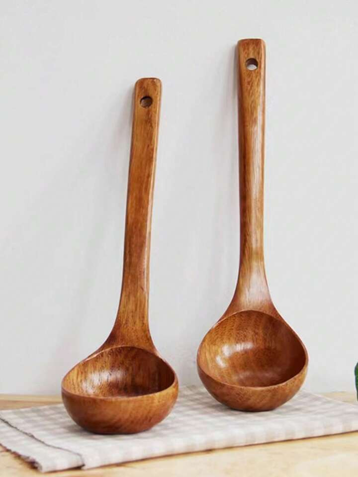 1pc Wooden Long Handle Soup Spoon, Boho Wooden Pattern Ladle For Kitchen | SHEIN