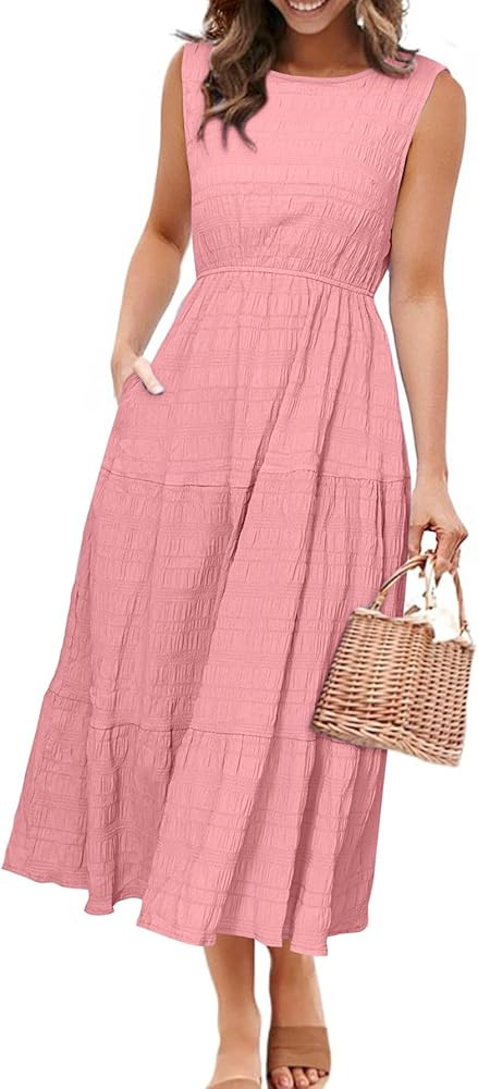 Simplee Women's Summer Casual Sleeveless Crewneck Sundress - A Line Flowy Tiered Midi Dress Long ... | Amazon (US)